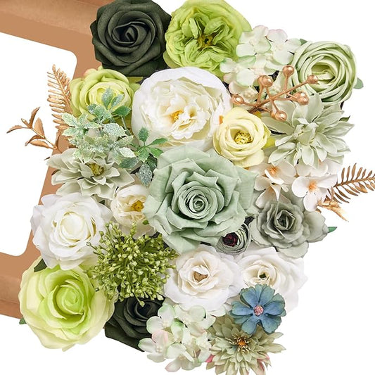 Serwalin Artificial Silk Flowers Green, Fake Flowers Stems for DIY Wedding Bouquets, Baby Shower Centerpieces, Cake Decor, Birthday Party & Home Decor