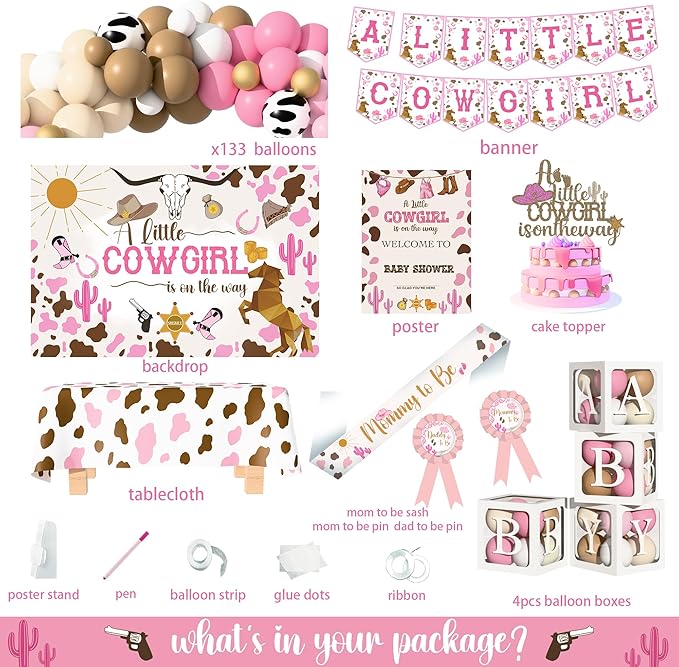 Cowgirl Baby Shower Decorations, Western Rodeo Baby Cowgirl Baby Shower Party Supplies, A Little Cowgirl is On The Way Décor Balloon Arch Backdrop Box Mom to be Sash Tablecloth for Cowgirl Shower