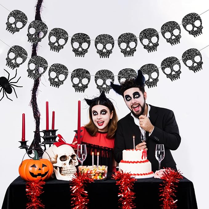 2PC Black Skull Garland for Halloween Party Decorations Glitter Skull Banner for Gothic Birthday Decorations Supplies