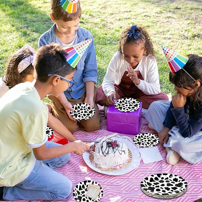 100 Pcs Cow Print Plates 7 Inch Cow Print Paper Party Supplies Disposable Dinner Dessert Plate Cow Theme Birthday Party Baby Shower Picnic Decorations (White)