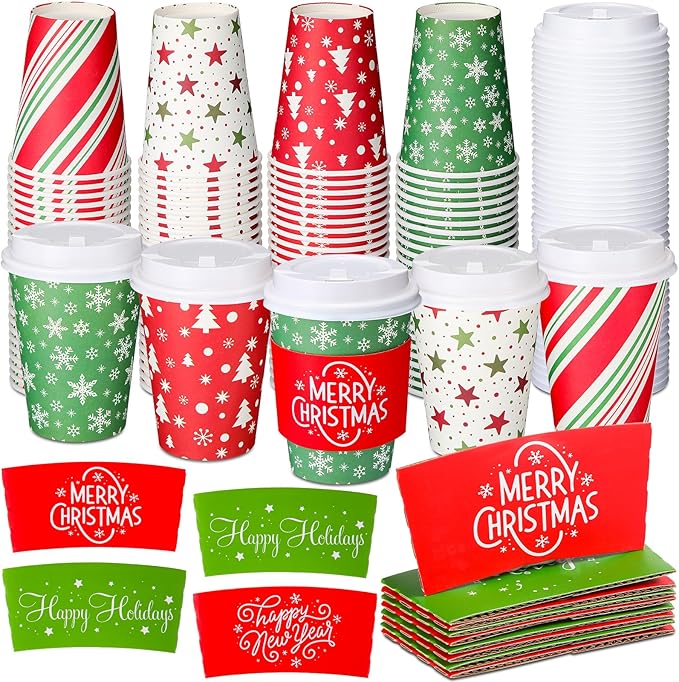 Yungyan 100 Pack 12 oz Christmas Disposable Coffee Cups with Lids and Sleeves Insulated Paper Coffee Cups with Dome Lids and Sleeves for Christmas Hot Chocolate Party Supplies(Stripe)