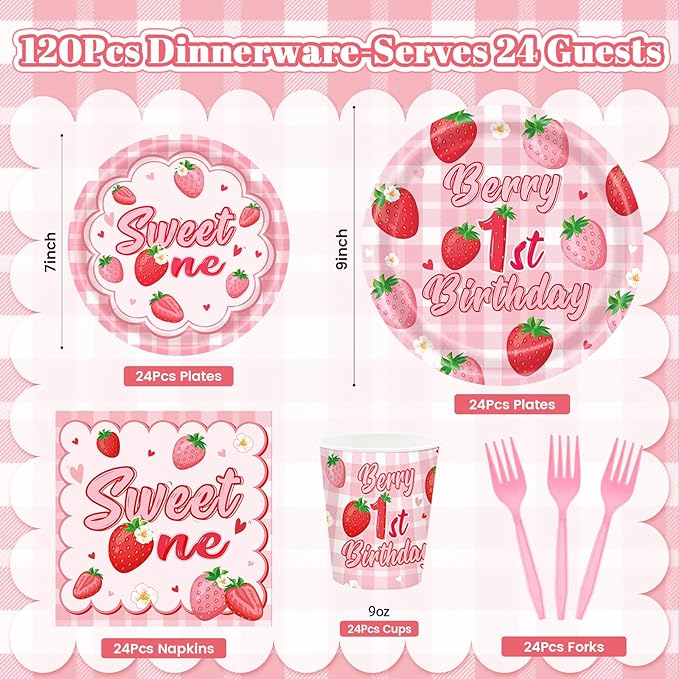 REDWORD Berry First Birthday Decor, 120Pcs Strawberry 1st Birthday Decorations with Plates Napkins Forks Cups Supplies for Girl First Sweet One Birthdays Party Decorations-Serves 24