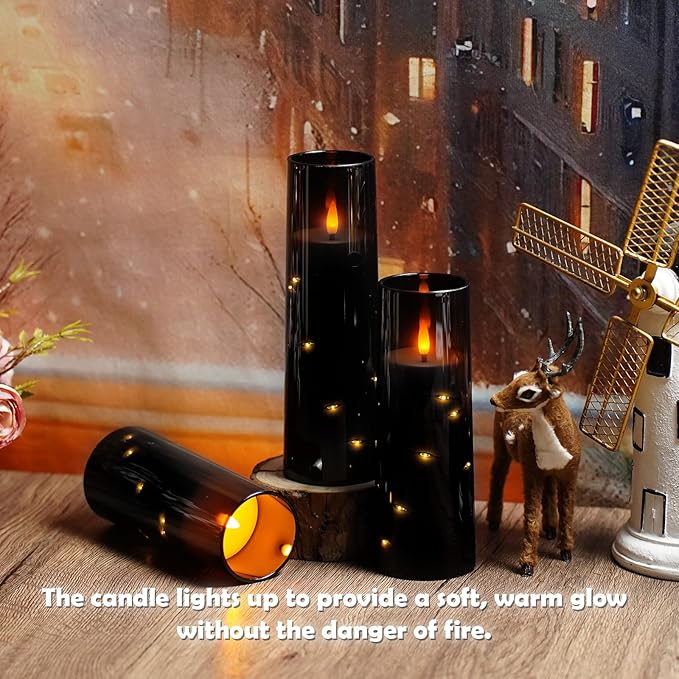 Flameless LED Candles with Timer 5 Pc Flickering Flameless Candles for Romantic Ambiance and Home Decoration Stable Acrylic Shell,with Embedded Star String,Battery Operated Candles（Black）