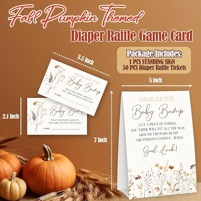 Wildflower Measure The Baby Bump - Thanksgiving Baby Shower Card Set (1 Sign With 50 Guess Cards), Fall Floral Gender Reveal Party Favor Supplies -A18