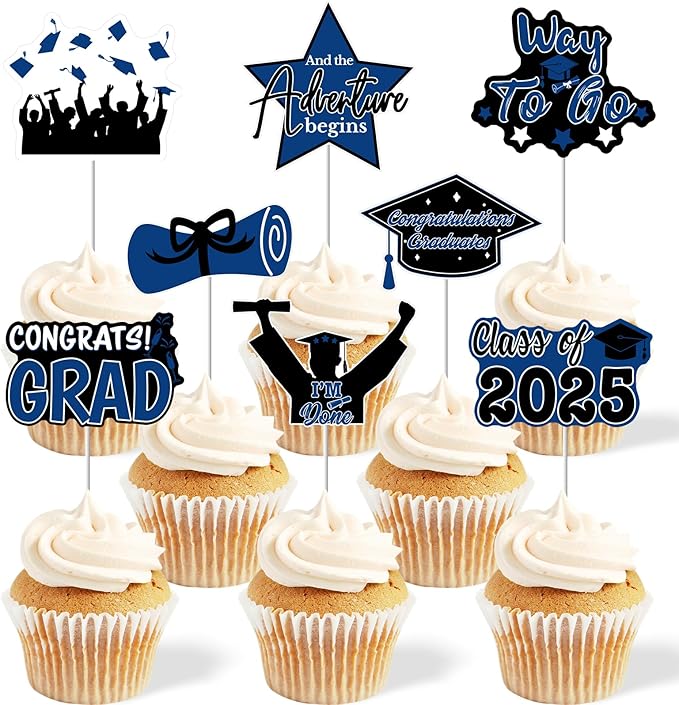 PartyGarden 2025 Graduation Cupcake Toppers - 48 Blue Pcs - 8 Designs - Class of 2025 Graduation Decorations
