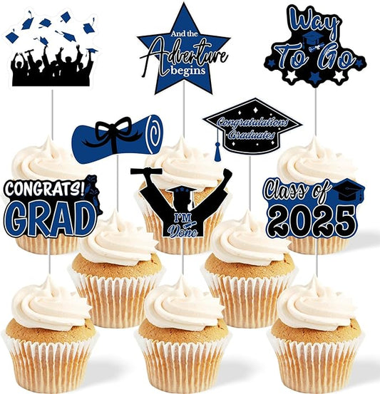 PartyGarden 2025 Graduation Cupcake Toppers - 48 Blue Pcs - 8 Designs - Class of 2025 Graduation Decorations