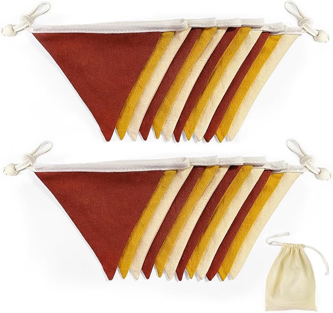 2 Sets of Brick Red Yellow Beige Nursery Garland 24Pcs Fabric Linen Baby Banner Triangle Pennant Flags Streamers for Kids Girls Birthday Boho Baby Shower Party Decorations Baby Bedroom Nursery Decor
