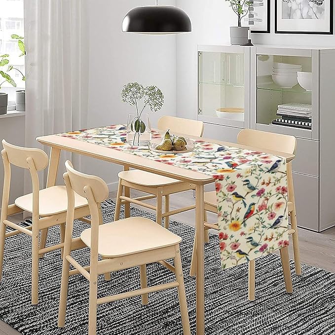 Summer Bird Floral Table Runner,Spring Birds Table Runner Burlap Table Decoration for Seasonal Home Kitchen Dining Dinner Indoor Holiday Farmhouse Decor 13x90 in