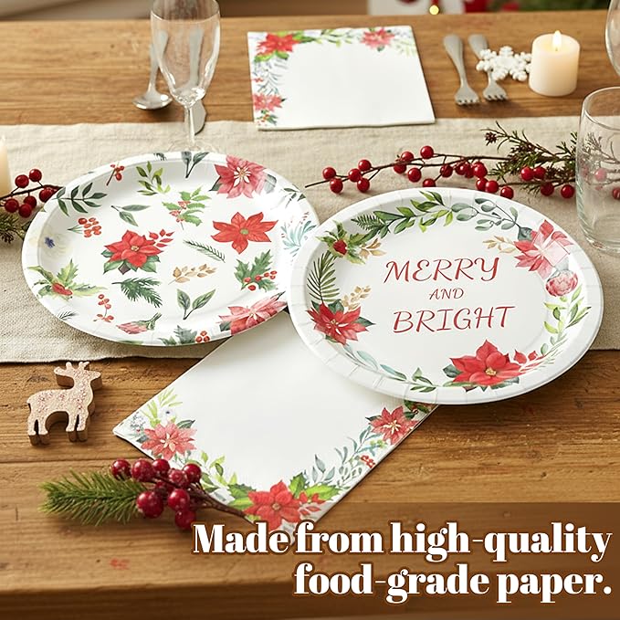 150Pcs Christmas Paper Plates and Napkins Disposable Heavy Duty Dinnerware Set Serve 50, Poinsettia Design Serving Platters, Merry & Bright Floral Tableware for Holiday Home Christmas Party Supplies