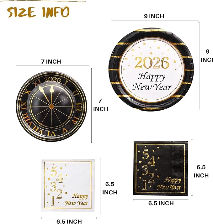 2026 New Year Plates and Napkins Party Supplies - Serves 25 - Happy New Year Eve 9 Inch and 7 Inch Plates, Napkins NY Party Decorations Favors