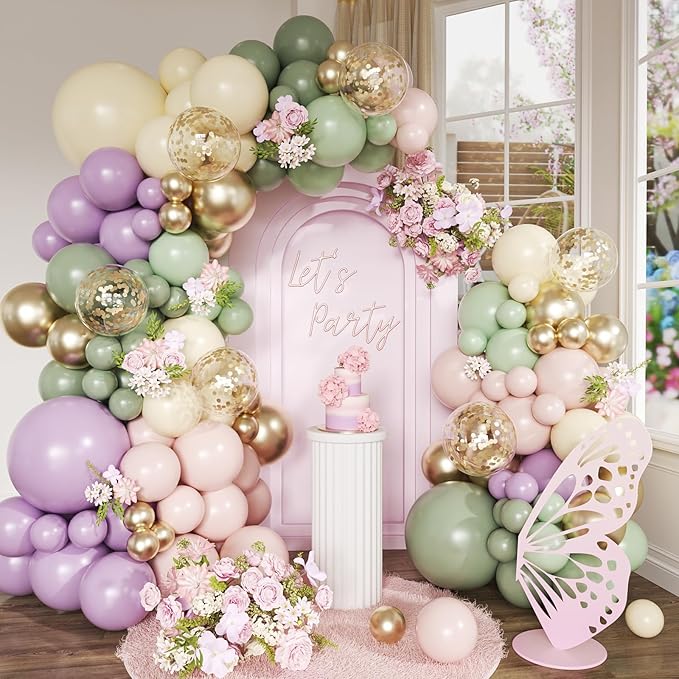152Pcs Dusty Green Purple Pink Balloon Arch Garland Kit, Blush Pink Lavender Pastel Yellow Mist Green Gold Confetti Balloons for Baby Shower Wedding Engagement Birthday Party Decorations
