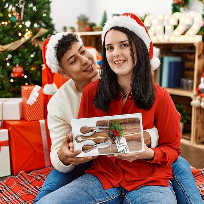 2 Pcs Christmas Gifts Bridal Shower Favor Acacia Wooden Square Cheese Board Gift Set With Knives, Mini Cutting Board Bulk Set, Tags and Boxes for Party Birthday
