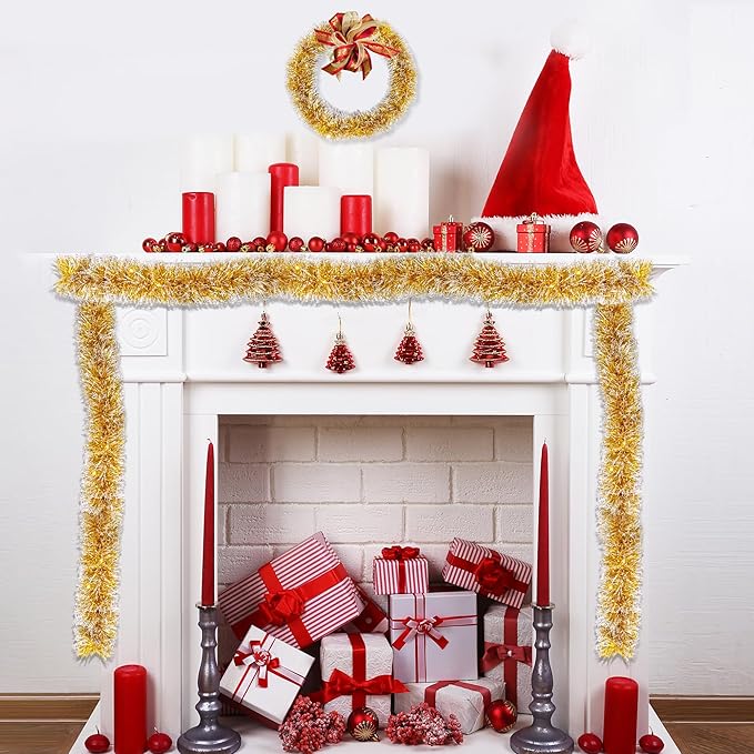 50FT Gold White Christmas Tinsel Garland, Metallic Twist Xmas Garlands for Christmas Tree Decorations, Holiday Hanging Garlands for Mantel Staircase Indoor Outdoor Home Office Party Holiday Decor