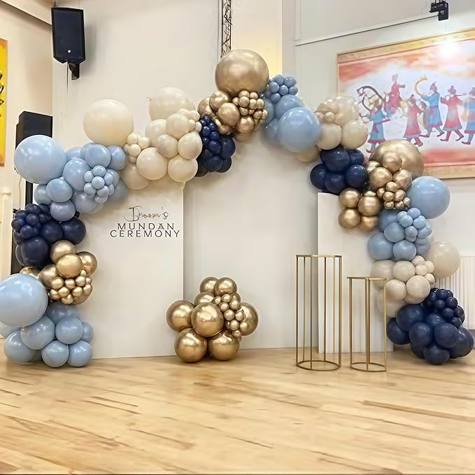 Navy Blue Balloon Arch Kit, Dusty Light Blue Gold Balloon Garland White Sand Cream Metallic Gold Balloons for Wedding Bridal Baby Shower Gender Reveal Graduation Birthday Party Decorations Supplies