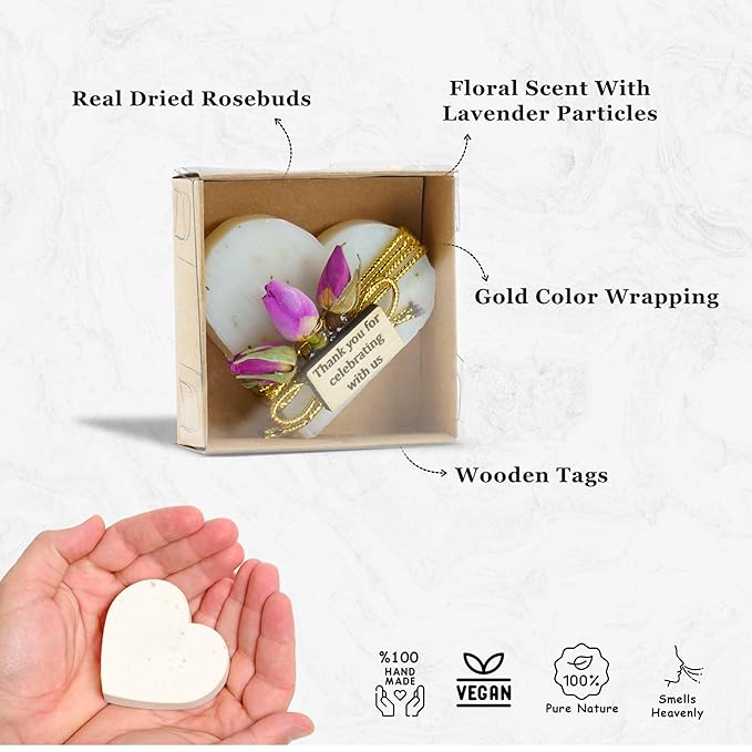 Heart Shaped Soaps 12-Pack, Handmade Scented Mini Soaps for Bridal Shower Party Favors, Wedding, Baby Shower & Engagement Gifts for Guests, Thanks You for Celebrating with Us Wooden Tag
