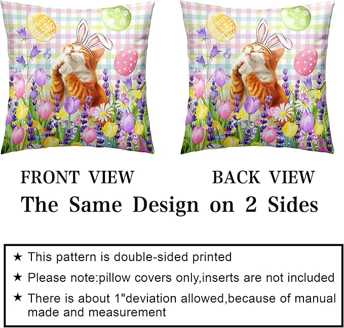 Spring Easter Pillow Covers 18x18 Set of 2 Lovely Cow Cat and Ginger Cat Wearing Bunny Ears Throw Pillow Covers Tulip Floral Pillow Case for Easter Decoration Sofa Patio Garden
