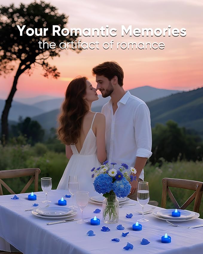 Raycare Blue Battery Operated Tea Lights, 24 Pack Long Lasting Fake Candles, Flameless LED Tea Light, Colored Tealights Candles for Wedding, Table Centerpiece, Party, Halloween, Christmas, Proposal