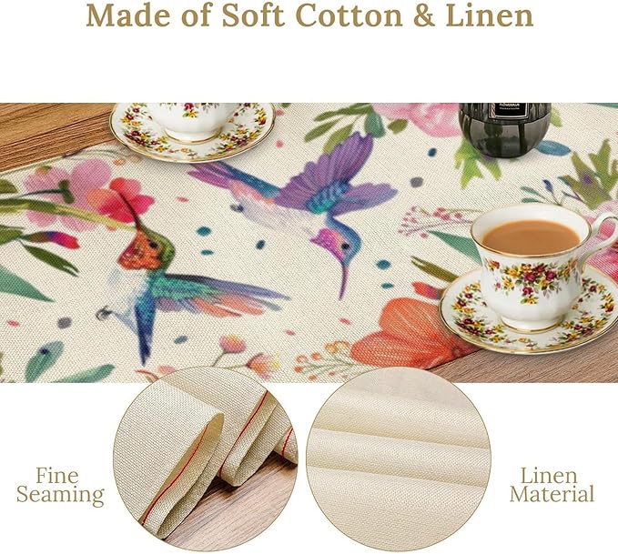 Flowers Birds Spring Table Runner, Colorful Birds Branches Blue Floral Seasonal Kitchen Dining Table Decoration for Home Party Decor 13x90 in