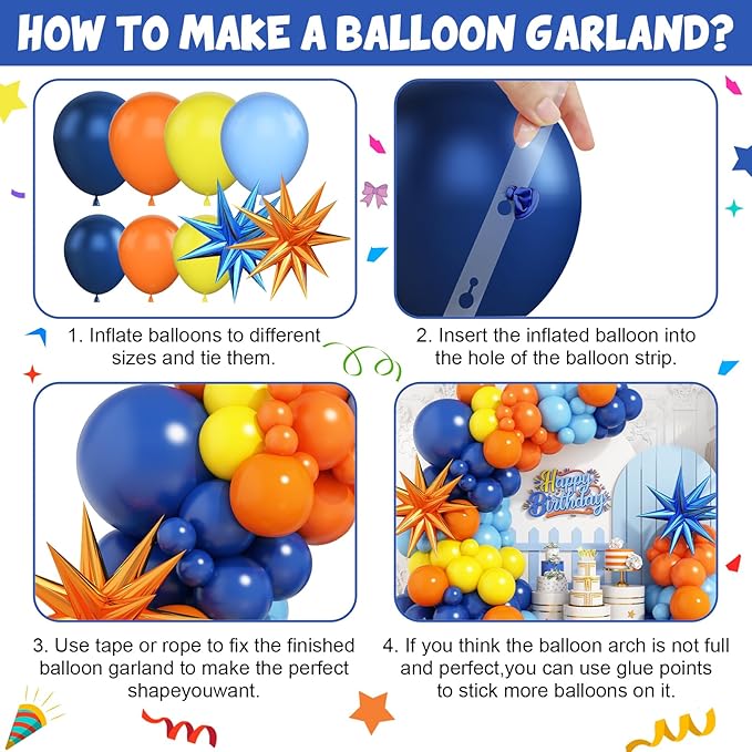 Blue and Orange Yellow Balloon Arch Kit with Star Foil Balloons, Orange Blue and Yellow Balloons Garland Kit for Kids Birthday Baby Shower Graduation Engagement Party Decorations Supplies