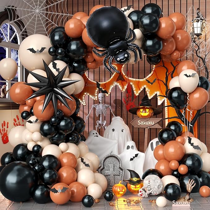 Halloween Balloon Arch Garland Kit, Black Ivory White Burnt Orange Spider Star Foil Balloons with 3D Bat Stickers for Halloween Baby Shower Party Decorations Cosplay Theme Party