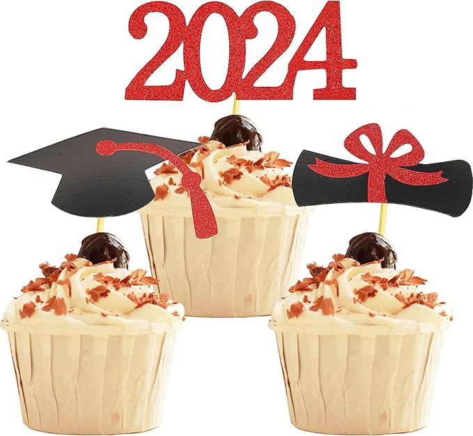 2025 Graduation Cupcake Toppers, 48 PCS Food/Appetizer Picks For Graduation Party Mini Cake Decorations, Diploma, 2025, Grad Cap Set 48 Pieces (03 Red)