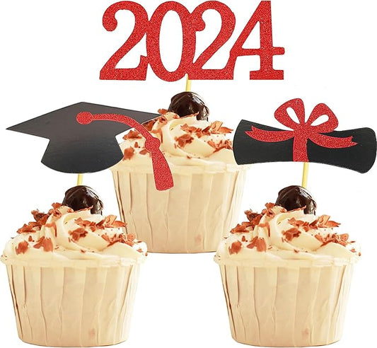 2025 Graduation Cupcake Toppers, 48 PCS Food/Appetizer Picks For Graduation Party Mini Cake Decorations, Diploma, 2025, Grad Cap Set 48 Pieces (03 Red)