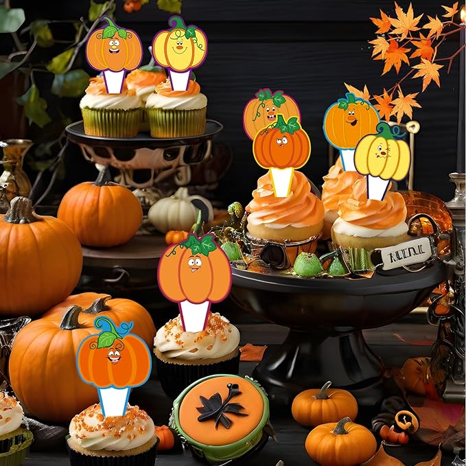 24 Pieces Thanksgiving Pumpkin Happy Birthday Cupcake Toppers Autumn Pumpkin Thanksgiving Party Decorations Cake Toppers Cupcake Toppers Party Supplies Decorations for Baby Shower Boys Girls