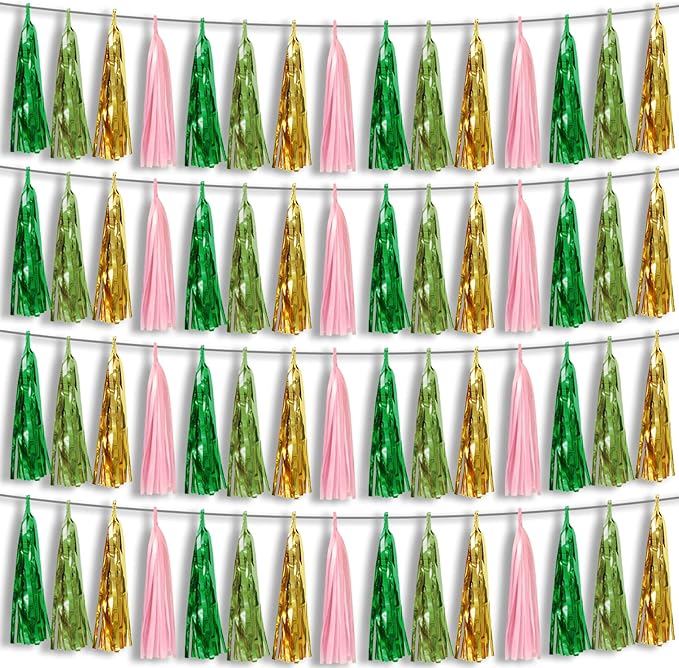 4P Pink-Gold Sage-Green Party-Decorations Foil Fringe Metallic Tassel Streamers Banner Tassel Garland for Parade Floats, Birthday, Bachelorette, Wedding, Halloween, Christmas