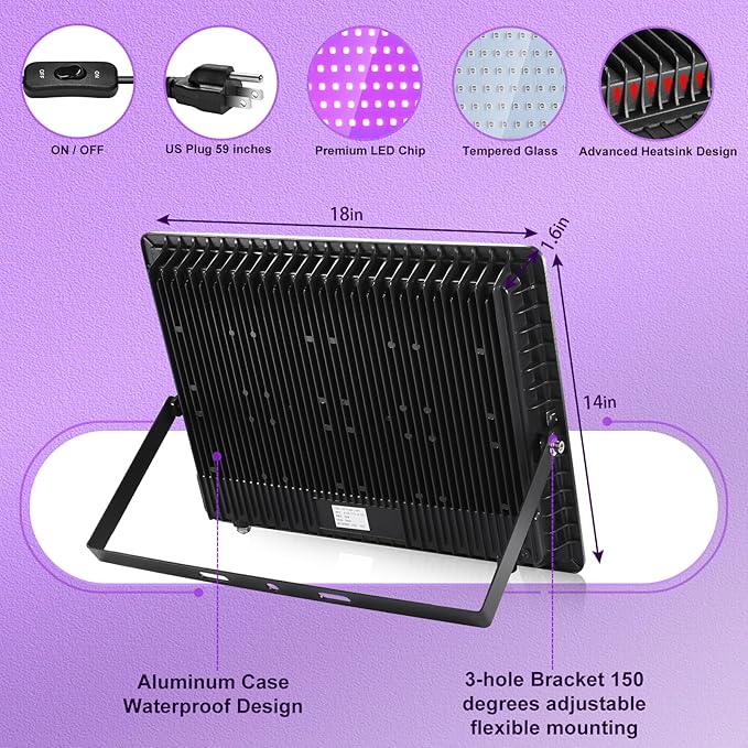 XYCN(3 Pack 600W LED Black Lights, 395nm to 410nm Outdoor IP66 Waterproof Flood Blacklight Light with Plug for Glow in The Dark, Dance Party, Stage Lighting, Body Paint, Neon Glow,Fluorescent Poster