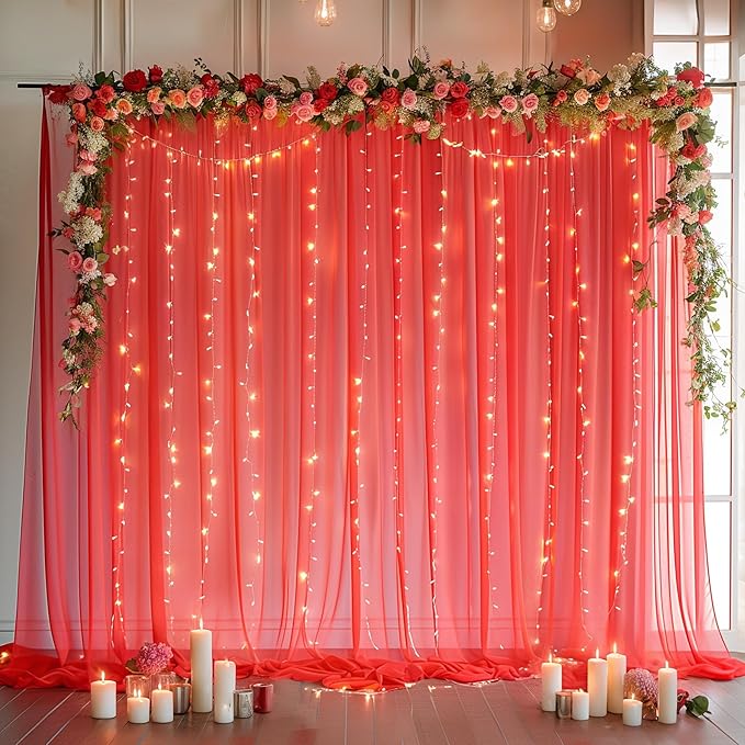 20ft x 10ft Red Backdrop Curtain with Lights String for Parties, Sheer Tulle Wedding Photo Backdrops Drapes for Baby Shower Birthday Party Decorations Background for Photography
