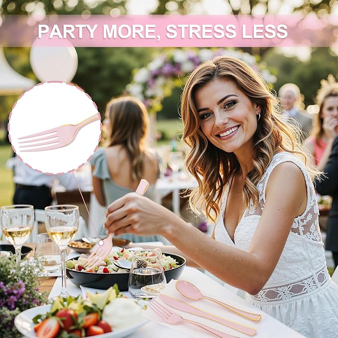 WDF 180 Pieces Pink Plastic Silverware with Gold -Pink Plastic Utensils Set - 60 Guest Pink Cutlery Disposable for Birthday/Party/Wedding