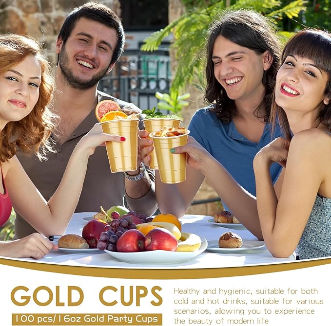 Dualshine 100 Pack 16 oz Gold Plastic Cups, Disposable Plastic Party Cups, Heavy Duty Drinking Water Cup for Wedding Birthday Graduation Valentine's Day Christmas Baby Shower Picnic Barbecues Supplies
