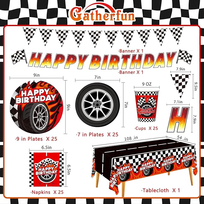 Car Birthday Decorations Kit: Car Theme Party Supplies for 25 - Includes Dinner & Dessert Plates, Napkins, Cups, Banner and Tablecloth for Boys' Racing Car Birthday Party Decorations