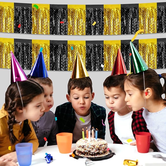 6 Pack 10 Feet Black Gold Wave Foil Fringe Garland Metallic Tinsel Streamers Banner Wall Hanging Curtain Backdrop for Parade Floats, Mother's Day, Easter, Wedding, Birthday Party Decoration