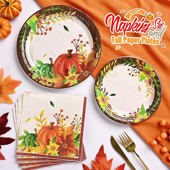 Homlouue 200 Pcs Fall Paper Plates and Napkins, Thanksgiving Plates and Napkins Sets, Fall Pumpkins Plate Disposable Party Supplies, Heavy Duty Thanksgiving Paper Plate Disposable (9" & 7" Plates)