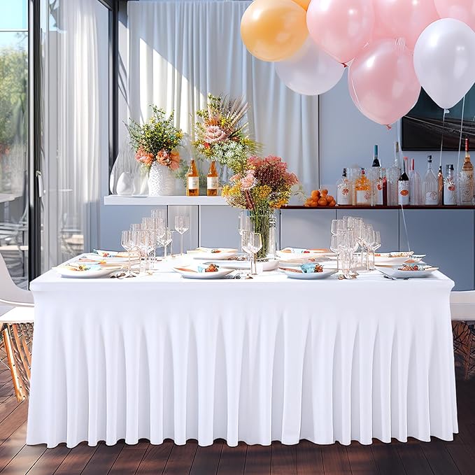 1 Pack White Table Clothes for 4 Foot Rectangle Tables, One-Piece Wrinkle Resistant Stretch Spandex Table Covers with Skirt for Event Banquet Wedding Birthday Party