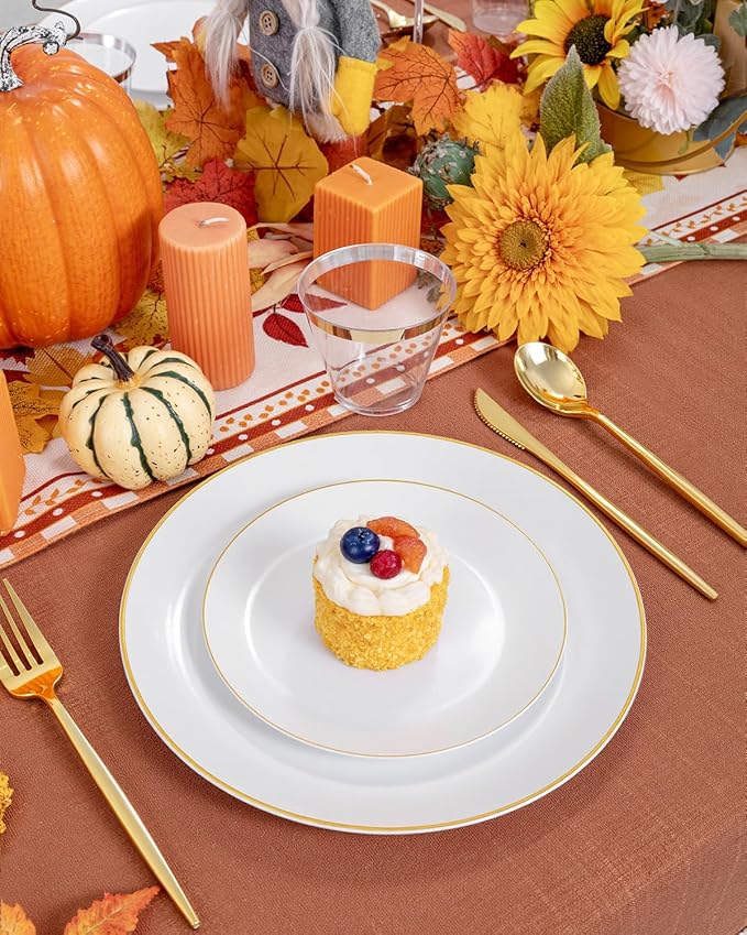 bUCLA 150PCS White and Gold Plastic Plates Disposable - 25 Guests Gold Dinnerware Set - Include 25 Each (Dinner & Dessert) Plates, 25 Knives, 25 Forks, 25 Spoons & 25 Cups for Party & Thanksgiving