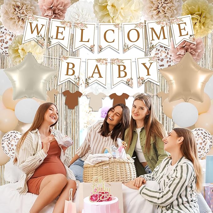 Champagne Baby Shower Decorations, Boho Beige Baby Shower Decor Set with Welcome Baby Banner,Tissue Pom Poms,Oh Baby Cake Topper,Nude Cream Gold Balloons| Neutral Baby Boy Girl Shower Party Supplies