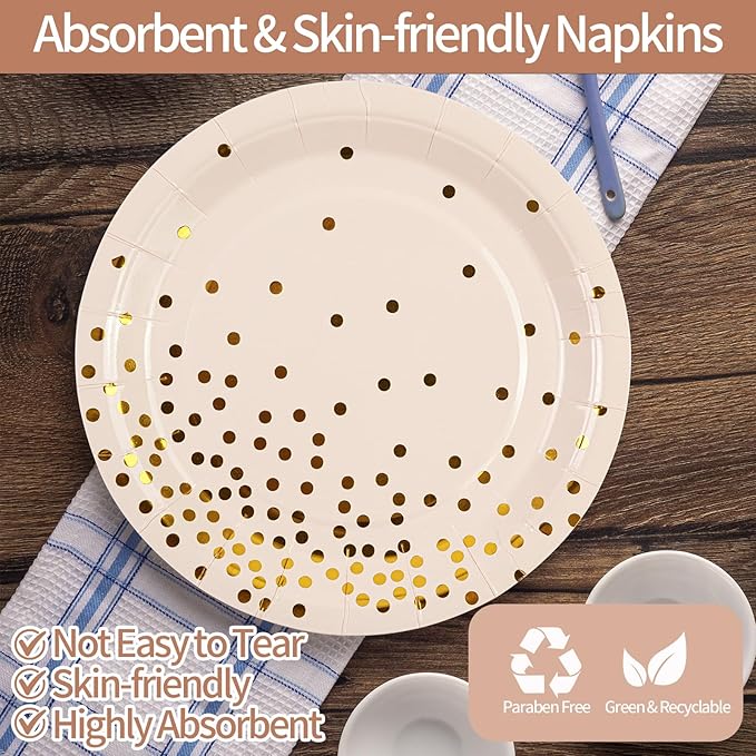 90PCS Pink and Gold Paper Plates Napkins Set, Disposable Gold Dot Party Plates with Napkins Forks Dessert Dinnerware Party Supplies for Wedding, Graduation, Festivals