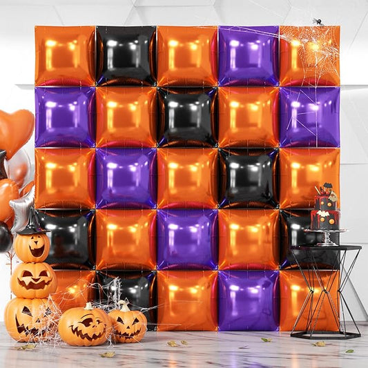 NISOCY 25PCS Orange Purple Black Square Foil Balloons Wall Backdrop Metallic Double Sided Orange Purple Black Balloons Tunnel Arch Kit for Halloween Birthday Graduation New Year Party Decorations