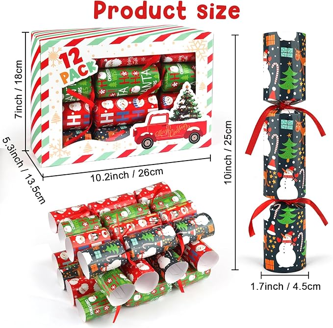 12 Pack Christmas No-Snap Party Table Favors, Christmas Themed Holiday Supplies with Party Hat, Joke & Little Gift Inside for Kids and Adults, Xmas Gift, Holiday Party Supplies for Dinner Tables