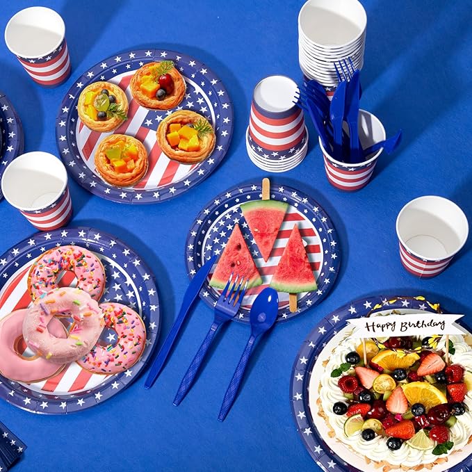American Flag Themed Party Decorations, 170 Pcs Patriotic Party Decorations Including Banner, Plates, Cups, Napkins, Cutlery, Straws and Tablecloths, Serves 24