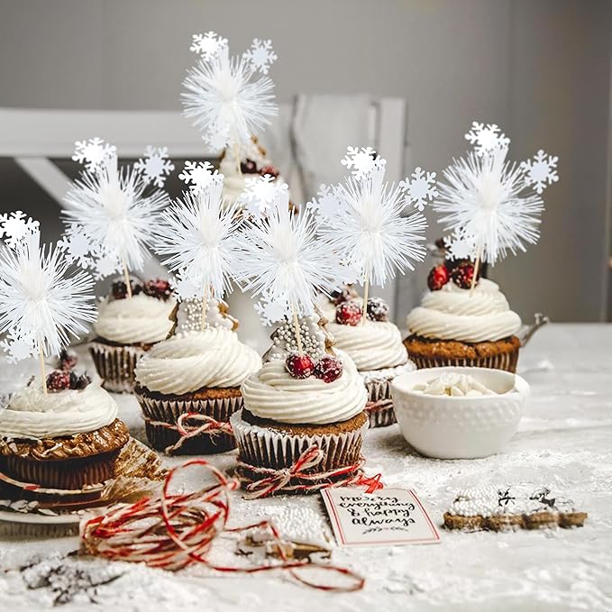 Gyufise 20Pcs Foil Firework Cupcake Toppers Sparkle Tinsel Cake Toppers Tinsel Drink Cake Decoration Cocktail Picks for Birthday Wedding Graduation Party Supplies White