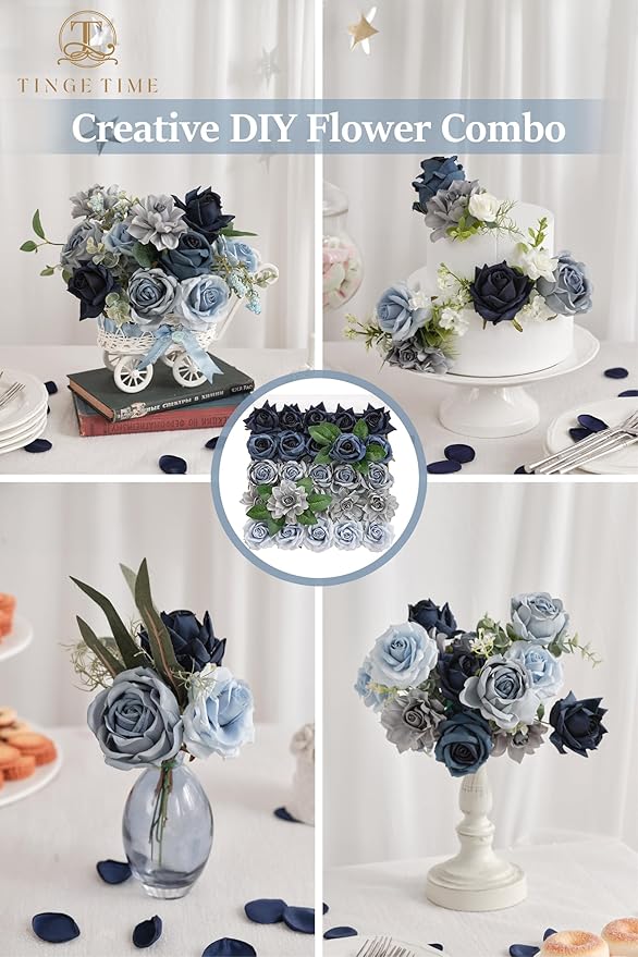 TINGE TIME Artificial Flowers, 25pcs Real Looking Gradient Blue Rose Fake Roses w/Stem for DIY Wedding Bouquets Centerpieces Arrangements Party Baby Shower Home Decorations