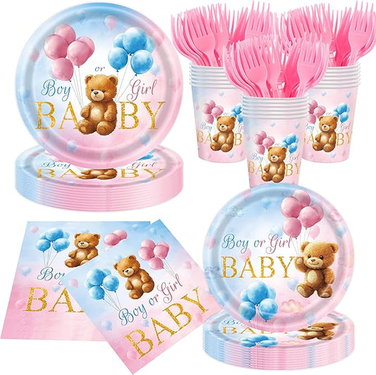 140 Pcs Bear Gender Reveal Decorations Plates Cups and Napkins Sets Boy Or Girl Gender Reveal Decorations Serves 20