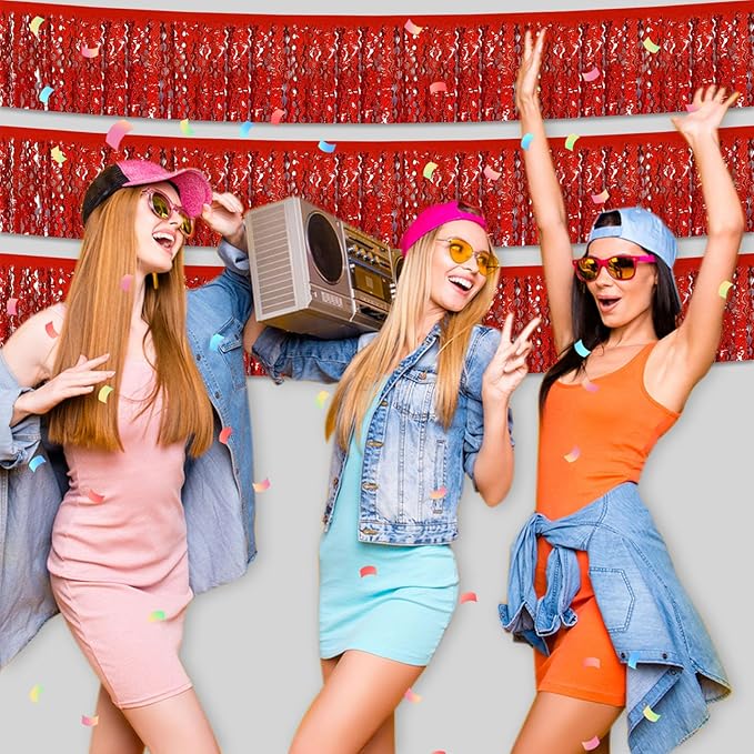 6 Pack 10 Feet Red Wave Foil Fringe Garland Metallic Tinsel Streamers Banner Wall Hanging Curtain Backdrop for Parade Floats, Mother's Day, Easter, Bachelorette, Wedding Party Decoration