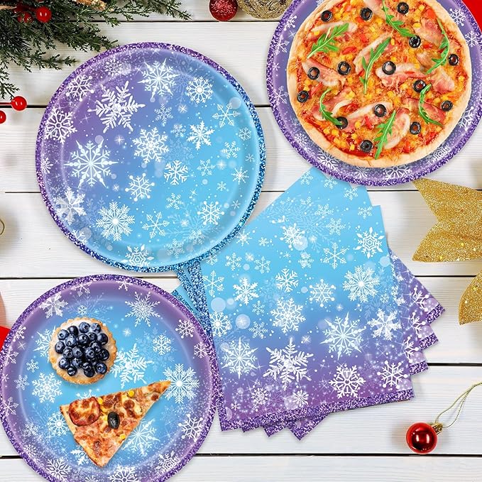 96Pcs Frozen Birthday Party Decorations Frozen Tableware Set Snowflake Christmas Plates Napkins Forks Serves 24 Guests Baby Shower Winter Wonderland Decorations