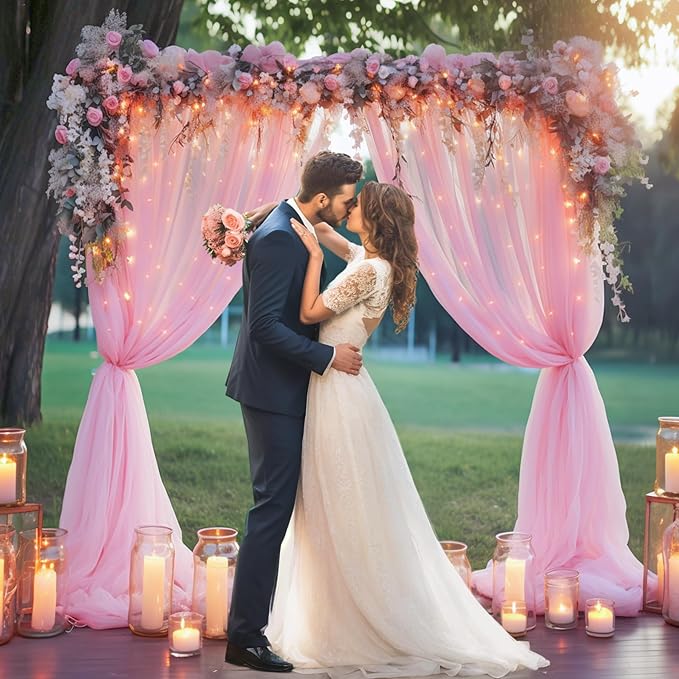 10ft x 8ft Pink Backdrop Curtain with Lights String for Parties, Sheer Tulle Wedding Photo Backdrops Drapes for Baby Shower Birthday Party Decorations Background for Photography