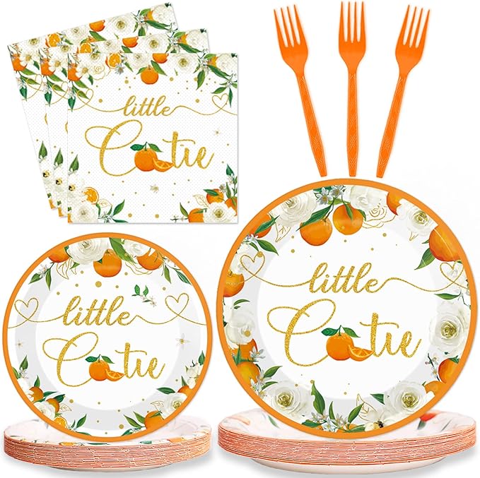ZOIIWA Little Cutie Baby Shower Decorations Plates And Napkins Orange Tableware Little Cutie Orange Disposable Paper Plates Tangerine For Hey Cutie Birthday Themed Party Decorations Supplies 24Guests