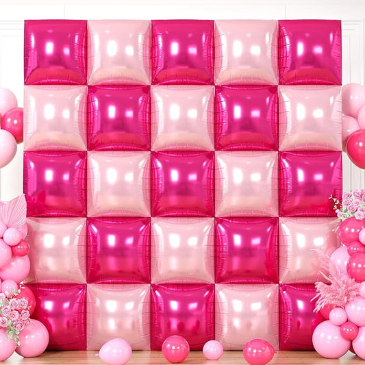 Hot Pink Square Foil Balloon Wall, 25 PCS Double Sided Balloons Flat Hot Magenta Pink Square Balloon Backdrop for Girls Women Bachelorette Anniversary Birthday Party Decoration